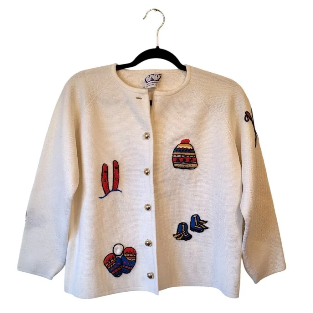 Vintage Leroy White Ski Motif Knit Cardigan Women's Size M
